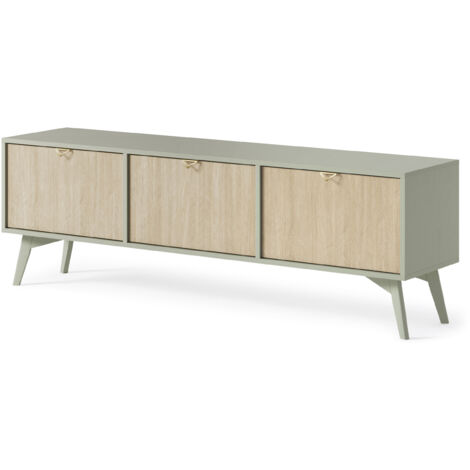 Meuble TV : Chevrons eucalyptus / Chevrons Scandi, pieds Bois, 158 × 52 × 38cm