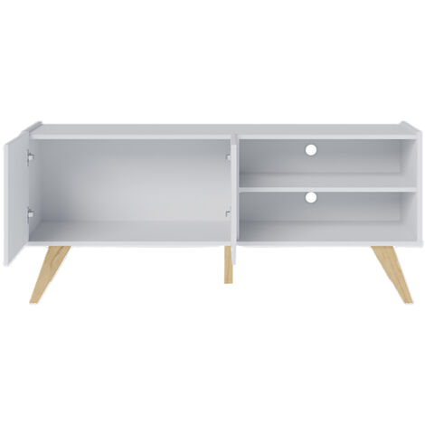 Meuble TV coloris blanc avec portes et étagères ouvertes pieds en chêne vieilli - Longueur 136 x Hauteur 59 x Profondeur 36 cm