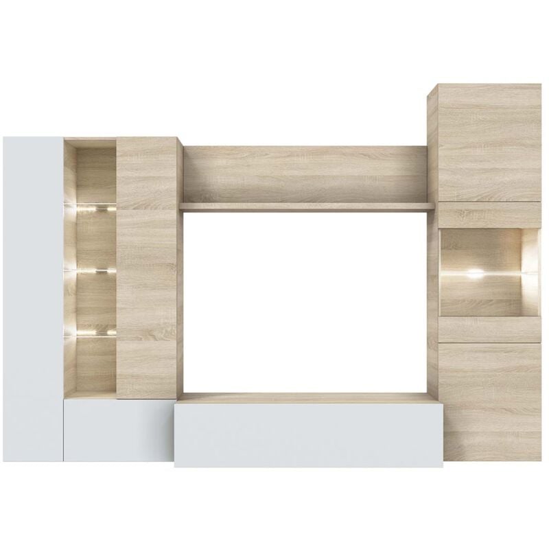 Meuble tv coloris Blanc Brillant / chene Canadien en melamine - Dim : 185 x 260 x 42 cm Pegane