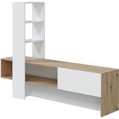 Meuble TV coloris chêne nordique, blanc artic - longueur 178 x hauteur 136 x profondeur 43 cm