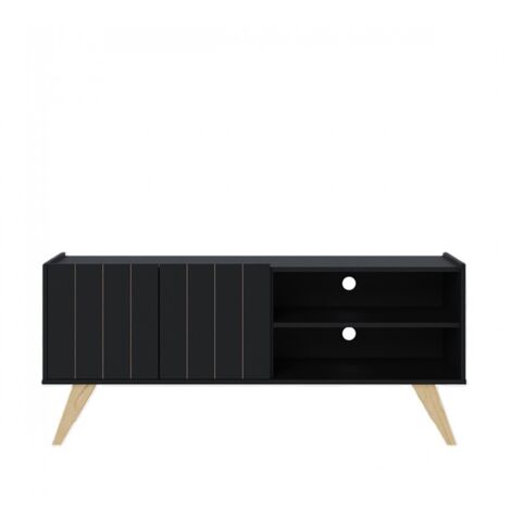 Meuble TV coloris noir avec portes et étagères ouvertes pieds en chêne vieilli - Longueur 136 x Hauteur 59 x Profondeur 36 cm