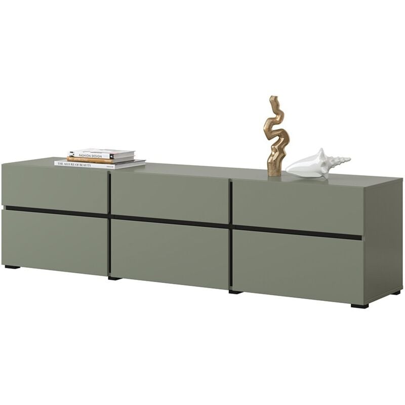 Meublorama - Meuble tv coloris vert sauge 180cm collection havana. Meuble design avec 3 portes et 3 tiroirs.