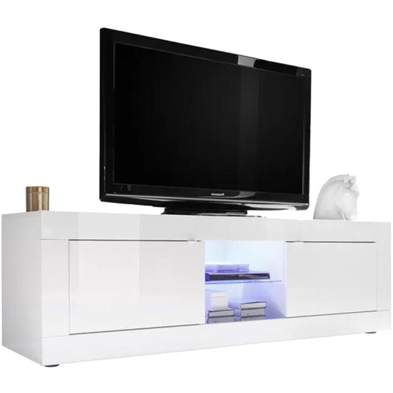 Vente-unique - Meuble tv comete - LEDs - 2 portes - Blanc laqué