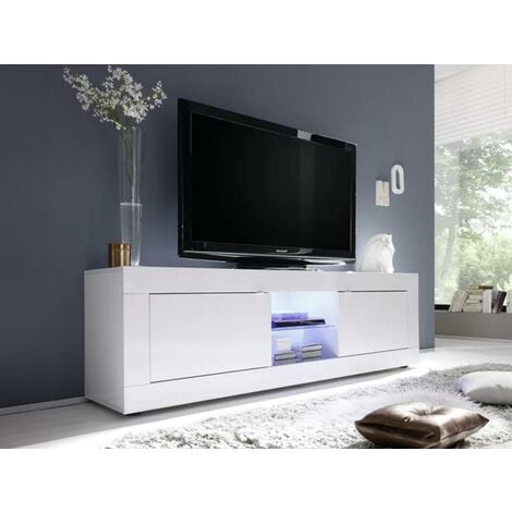 Meuble TV COMETE - LEDs - 2 portes - Blanc laqué - Blanc