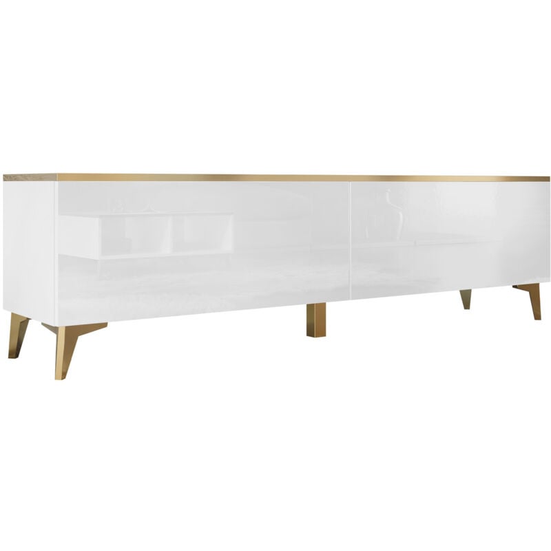 Meuble tv Comfivo Virfera 103, Blanc + Blanc brillant, Le nombre de portes: 0, Nombre de tiroirs: 0, 180x50x40cm