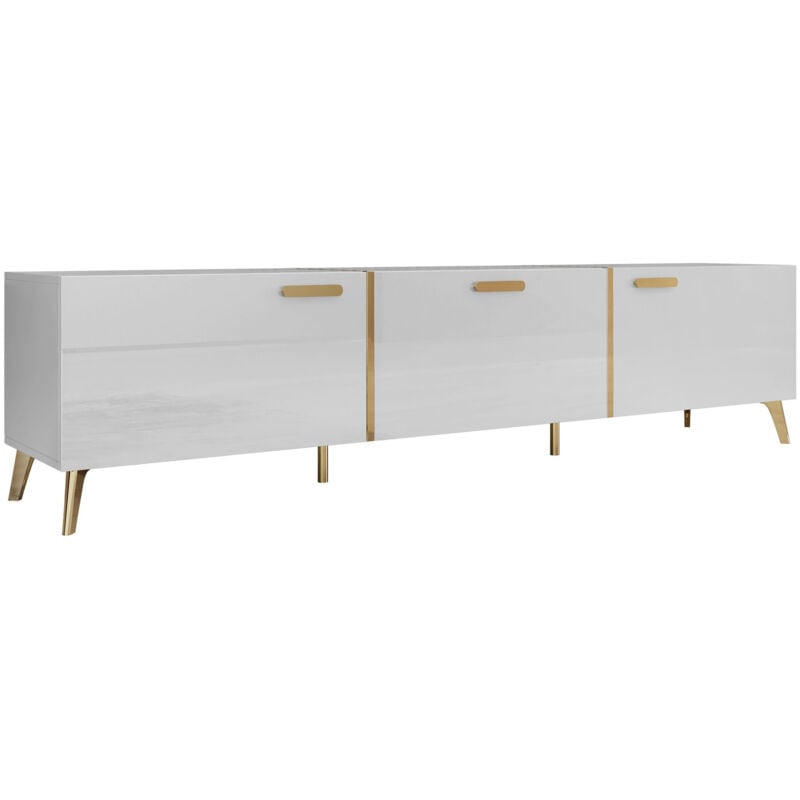 Meuble tv Comfivo Teslomo 110, Blanc + Blanc brillant, Le nombre de portes: 0, Nombre de tiroirs: 0, 204x47x38cm