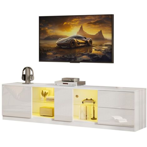 Meuble TV commode laqué brillant-éclairage LED-intégration TV 65"-pour salon et chambre-160x40x52cm