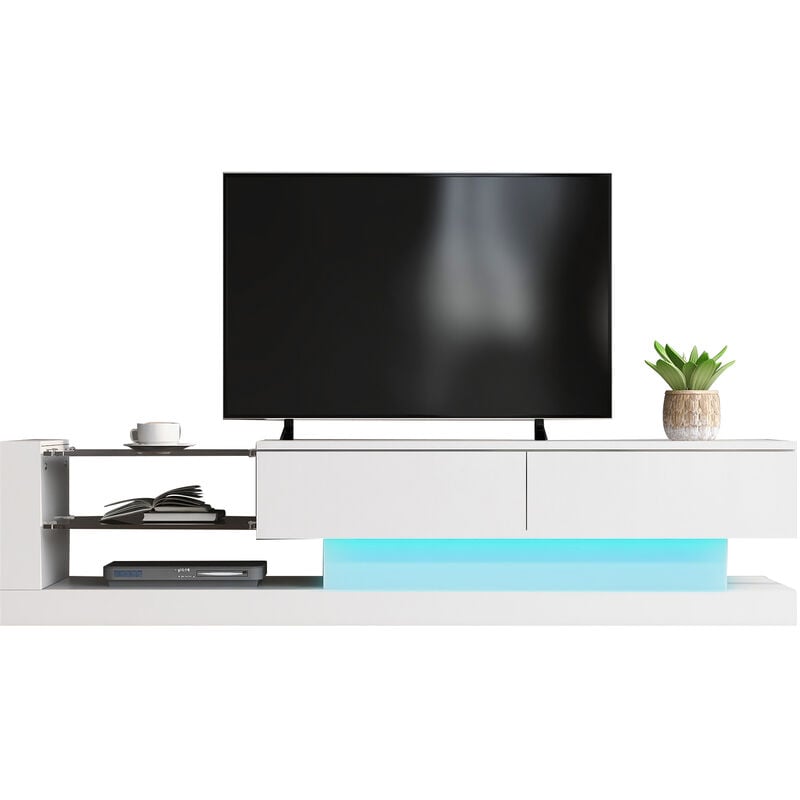 Meuble tv contemporain 140cm adapté pour tv 60' avec led en 16 couleurs et étagères en verre - Blanc
