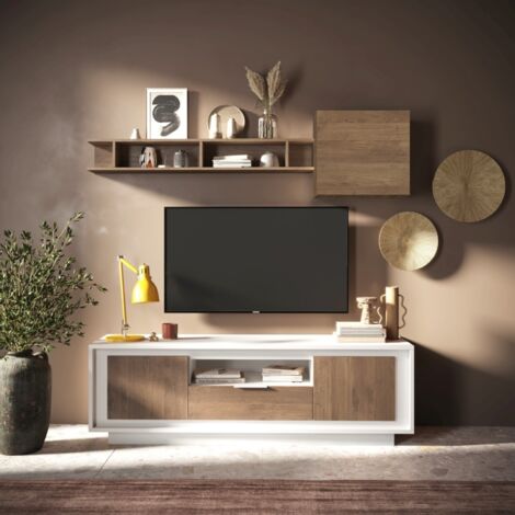 Meuble tv contemporain 180cm blanc et noyer YORI