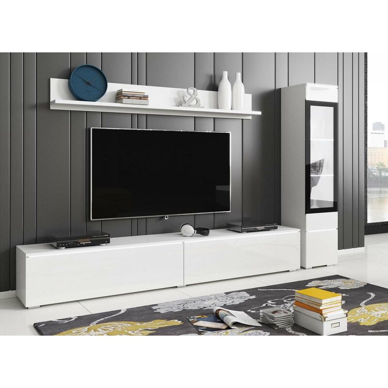 Meuble TV contemporain blanc laqué avec LED - VERONICA