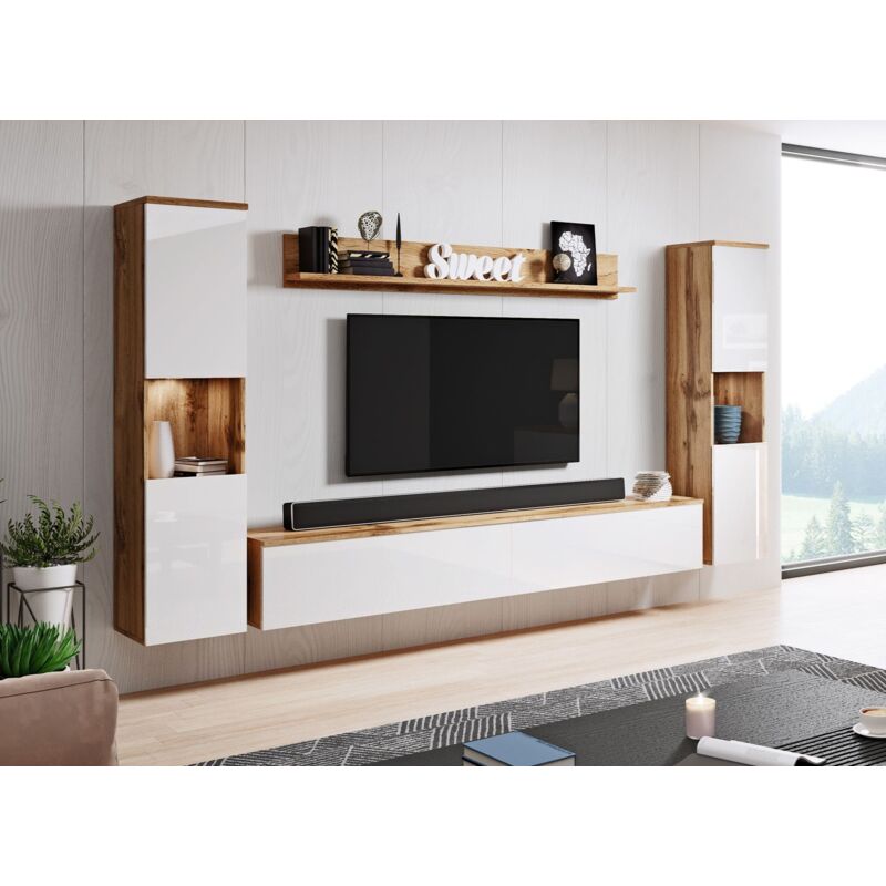 Deco In Paris - eliote - Meuble tv contemporain chêne et blanc finition brillant avec led-eliote xl