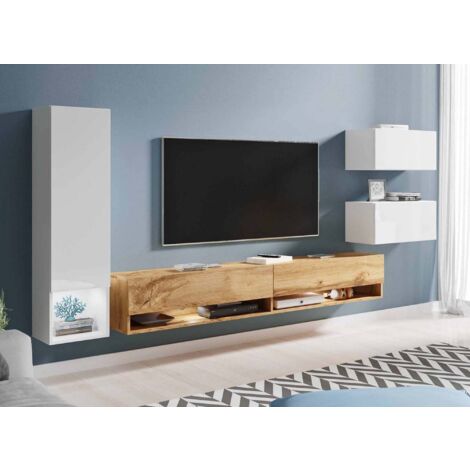 Meuble TV contemporain chêne et blanc laqué avec LED - AMANDA