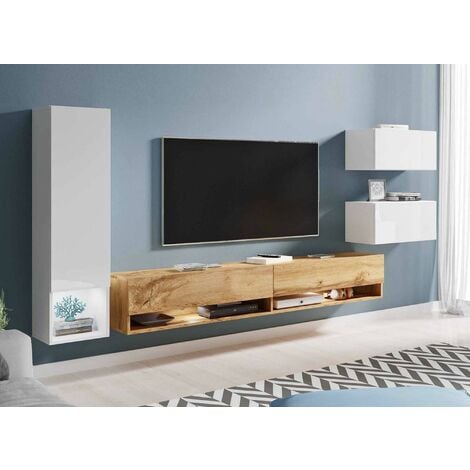 Meuble TV contemporain chêne et blanc laqué avec LED - VERONICA XL