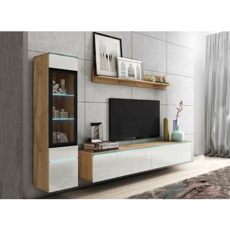 Meuble TV contemporain chêne et blanc laqué avec LED - VERONICA - bois blanc