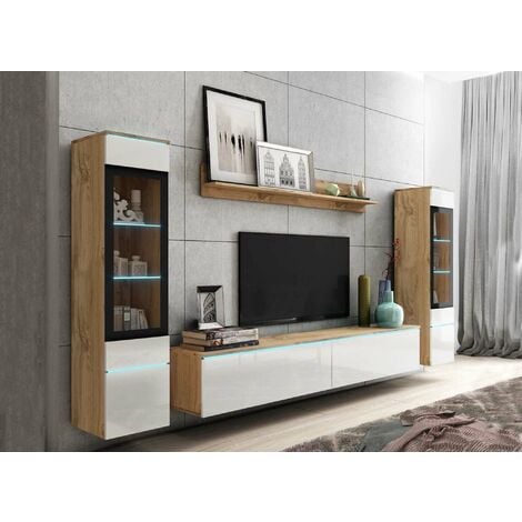 Meuble TV contemporain chêne et blanc laqué avec LED - VERONICA XL - bois blanc