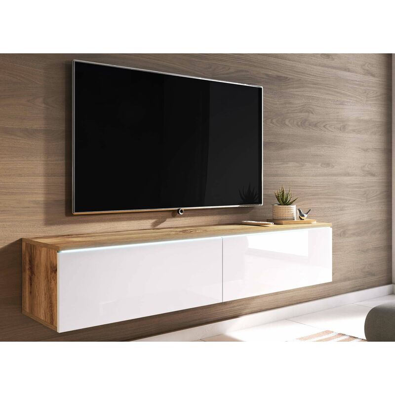 Meuble TV contemporain chêne et laqué blanc avec LED 2 portes MALORIE - 140 cm