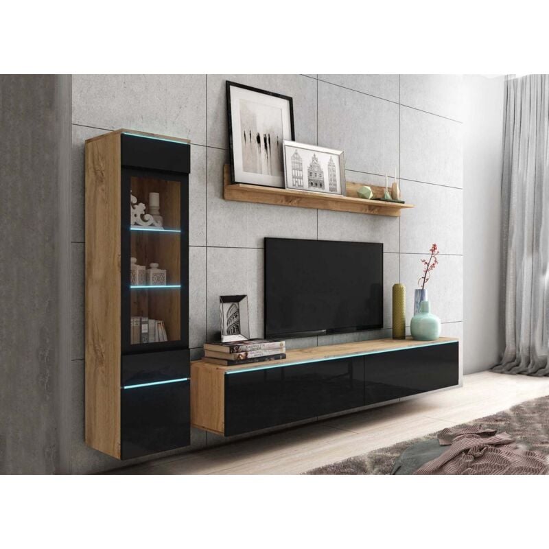 Deco In Paris - veronica - Meuble tv contemporain chêne et noir laqué avec led - veronica