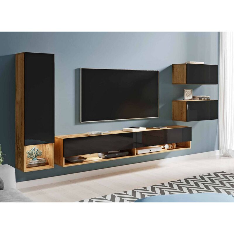Meuble TV contemporain chêne noir laqué avec LED - AMANDA