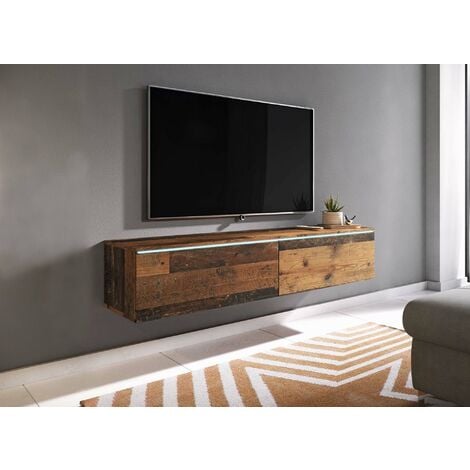 Meuble TV contemporain chêne vieilli foncé avec LED 2 portes MALORIE - 140 cm - bois foncé