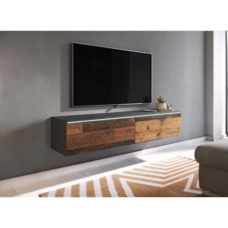 Malorie - Meuble tv contemporain anthracite et chêne vieilli foncé avec led 2 portes malorie - 180 cm