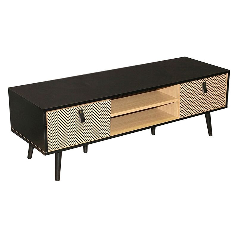 Meuble TV CHELSEA avec motifs - Bois clair et noir - 120 x 40 x H 40 cm - Livraison gratuite