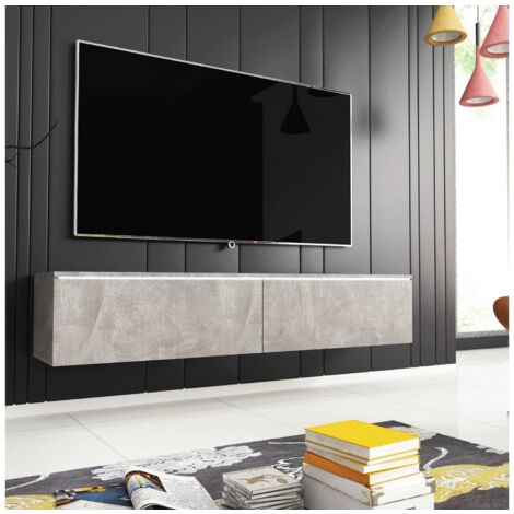 Meuble TV contemporain gris béton avec LED 2 portes MALORIE - 180