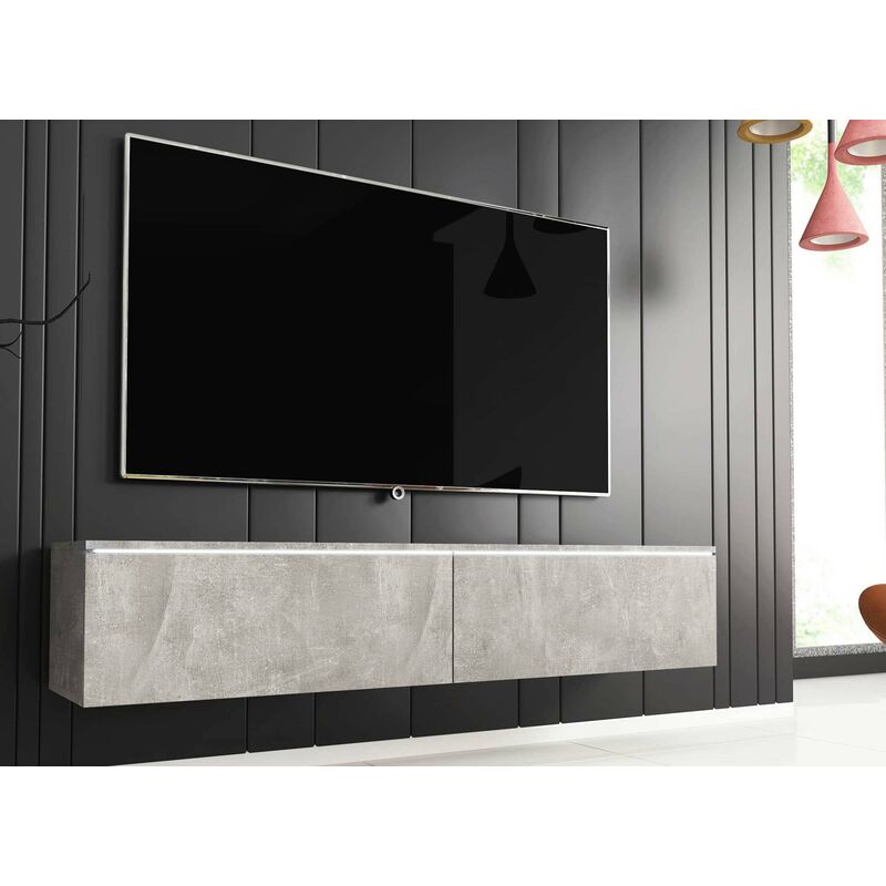 Meuble TV contemporain gris béton avec LED 2 portes MALORIE - 140 cm
