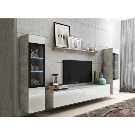 Meuble TV contemporain gris béton et blanc laqué avec LED - VERONICA XL - gris blanc
