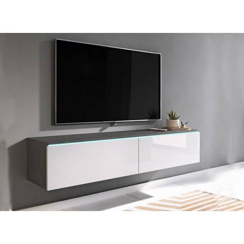 Meuble TV contemporain gris et blanc avec LED 2 portes MALORIE - 140 cm