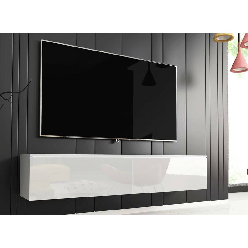 Meuble TV contemporain laqué blanc avec LED 2 portes MALORIE - 140 cm