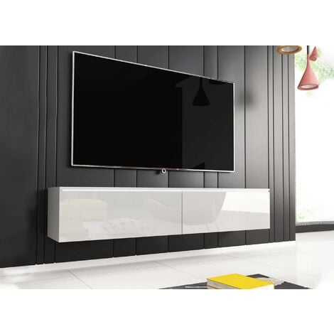 Meuble TV contemporain laqué blanc avec LED 2 portes MALORIE - 180 cm - blanc