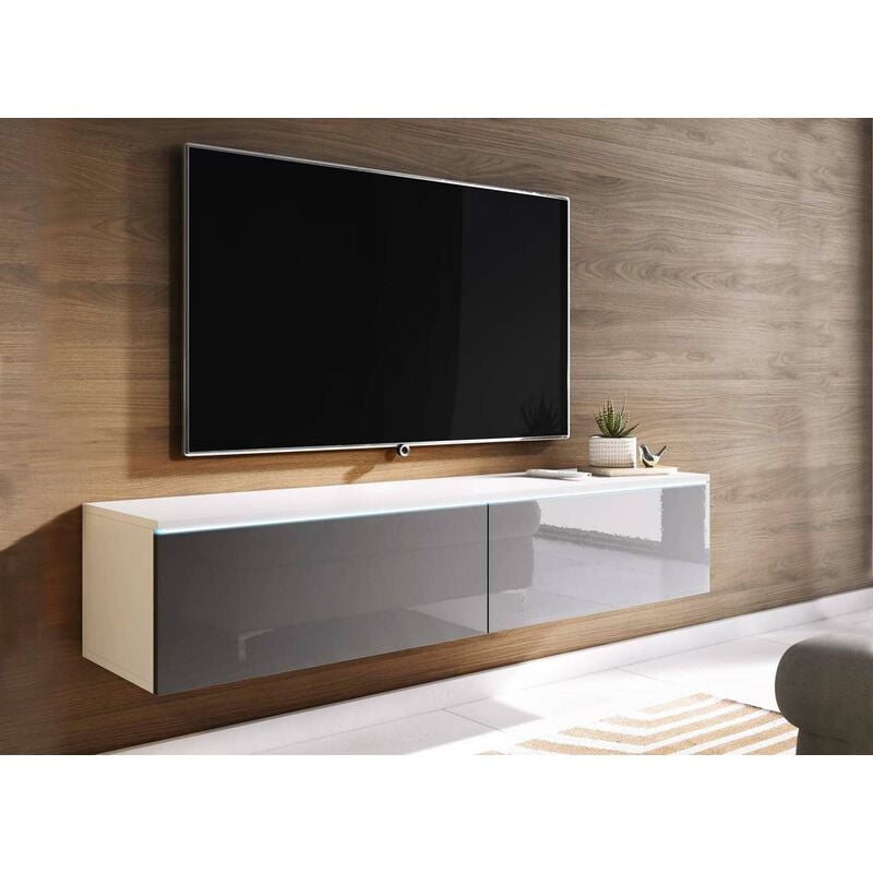 Meuble TV contemporain laqué gris et blanc avec LED 2 portes MALORIE - 140 cm