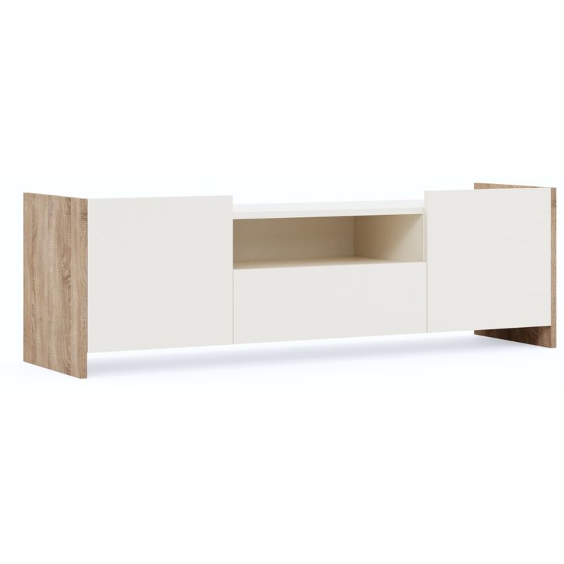 Meuble tv Cora, Panneau Aggloméré Mélaminé, Blanc, Sonoma, 160x45x50 cm