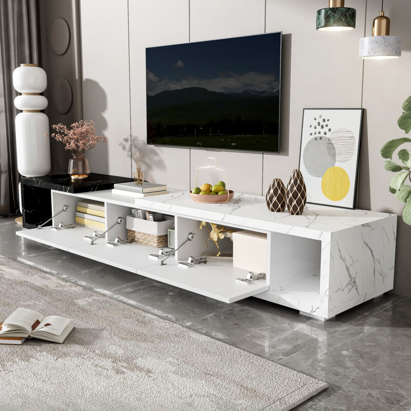 Fortuna Lai - Meuble tv coulissant - 140-179.5x40x27.5cm - longueur réglable, avec 3 portes, moderne aspect marbre - Blanc + noir