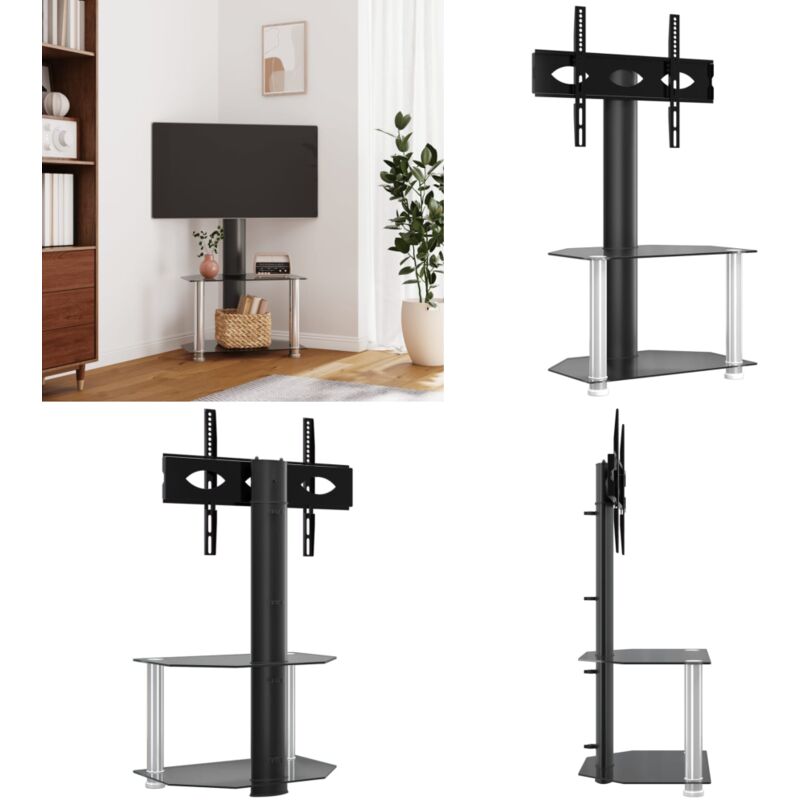 Meuble tv d'angle 2 niveaux pour 32-70 pouces noir argenté - Meuble Tv D'angle - Meuble Tv Inclinable - Support Tv Mural - Rangement Tv - Meuble
