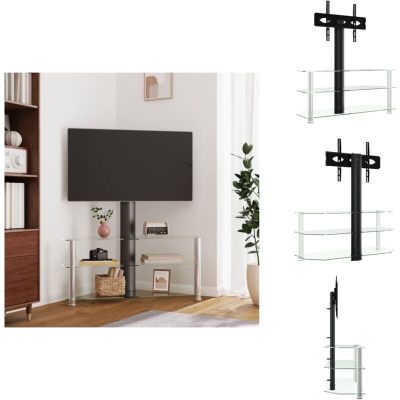 Meuble tv d'angle 3 niveaux pour 32-70 pouces noir et argenté - Meuble Tv D'angle - Meuble Tv Avec Étagères - Support Tv Pivotant - Meuble Tv Peu
