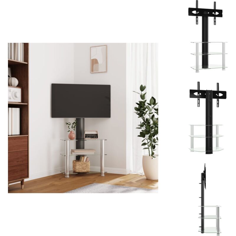 Meuble TV d'angle 3 niveaux pour 32-70 pouces noir et argenté - Meuble Tv D'angle - Support Tv Pivotant - Meuble Tv Peu Encombrant - Rangement Tv