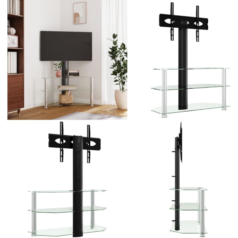 Meuble tv d'angle 3 niveaux pour 32-70 pouces noir et argenté - Meuble Tv D'angle - Support Tv Pivotant - Meuble Tv Peu Encombrant - Rangement Tv