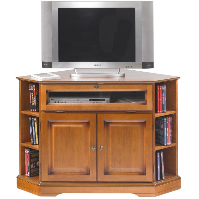 Meuble TV d'Angle 42 Pouces Merisier 9 Niches 2 Portes L 114 H 77 P 77 cm