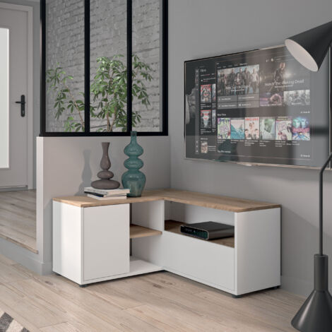 Meuble TV d'angle 90x90x46 cm blanc et chêne - SQUAR