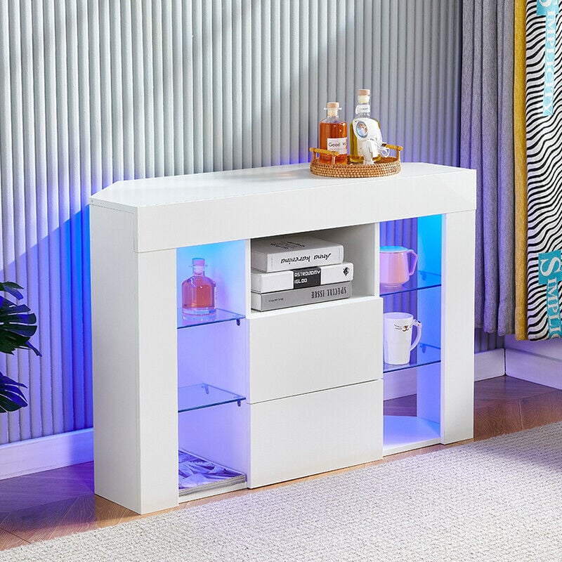 Meuble TV d'angle Blanc à LED Lumière,Armoire Moderne,9 Compartiments,Buffet Salon avec Étagères,Facade Brillant,100 x 40 x 68cm