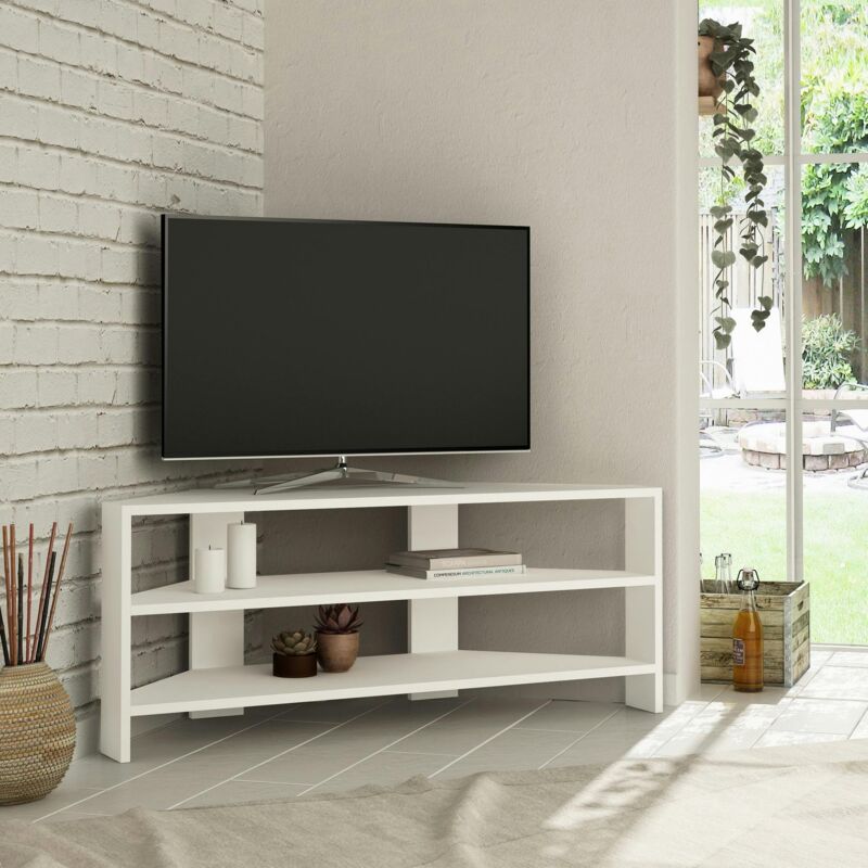 Meuble TV d'angle blanc - rangements ouverts MARFA