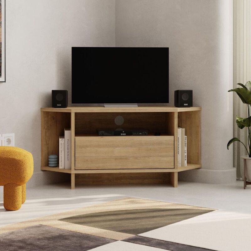 Mitepek – Meuble TV d'angle chêne 95,7x35,4x45,3 cm – Panneau de particules mélaminé 18 mm – Compartiments ouverts et porte à rabat