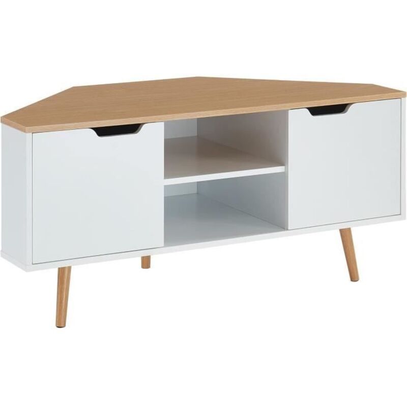 Meuble Tv D'Angle - Décor Blanc Et Chêne - Style Industriel - L 115 X P 55 X H 53,5Cm - Lyna[J7]