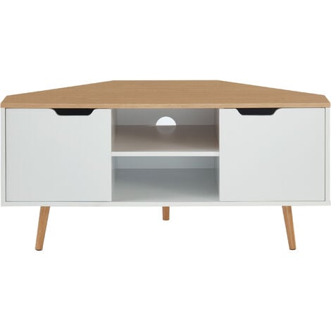 Meuble tv d'angle LYNA blanc et effet chêne 2 portes 115cm