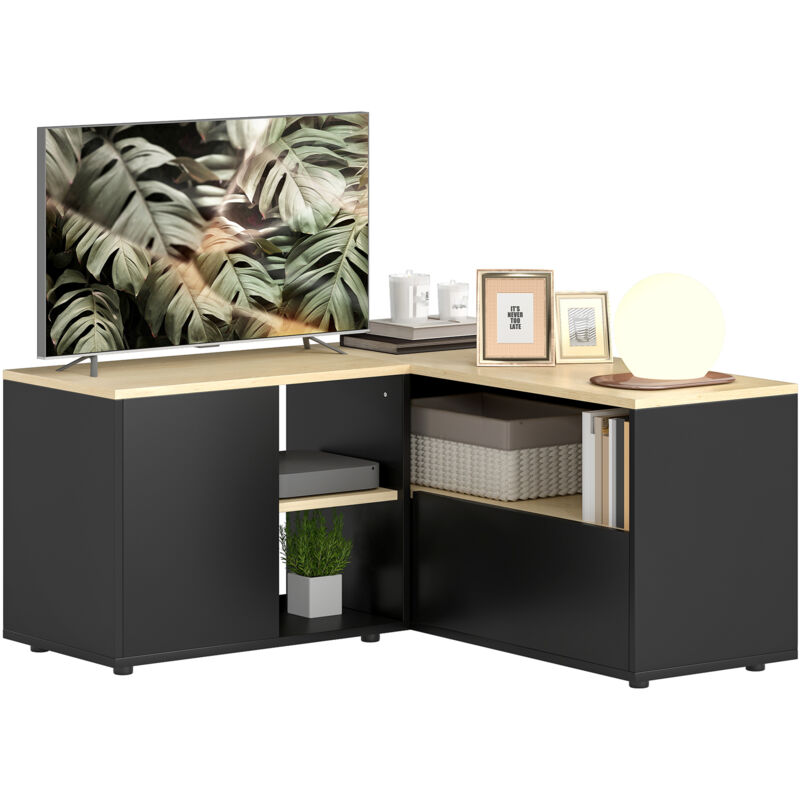 Meuble TV d'angle pour téléviseurs jusqu'à 40 pouces, avec 2 placards et 3 compartiments, 90 x 90 x 45 cm, chêne et noir