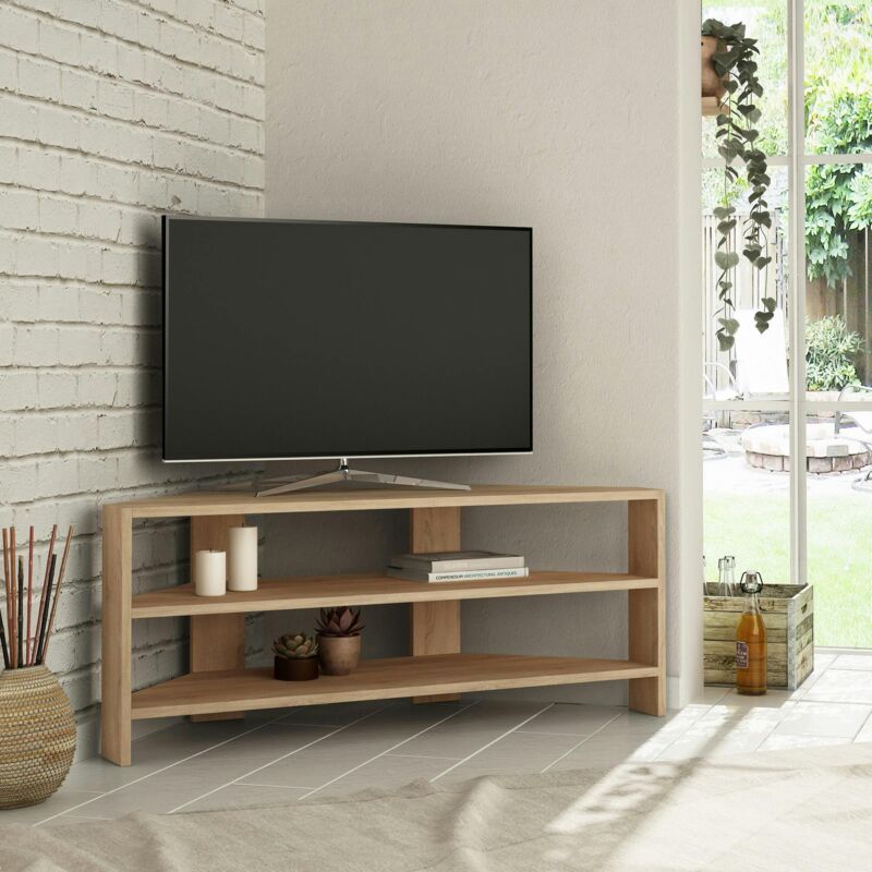 Meuble TV d'angle rangements ouverts - effet bois clair MARFA