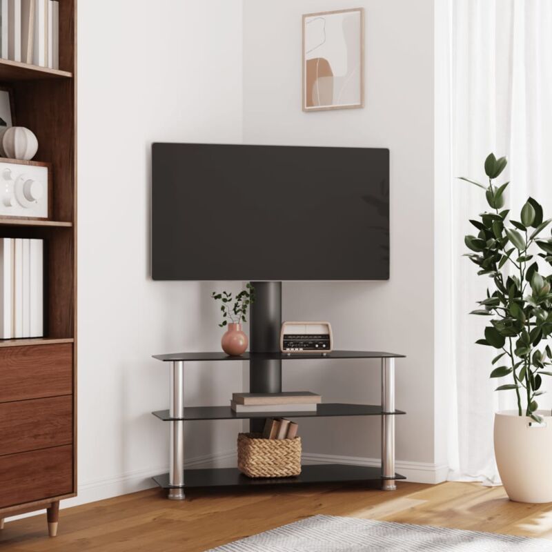 Meuble tv d'angle 3 niveaux pour 32-70 pouces noir et argenté