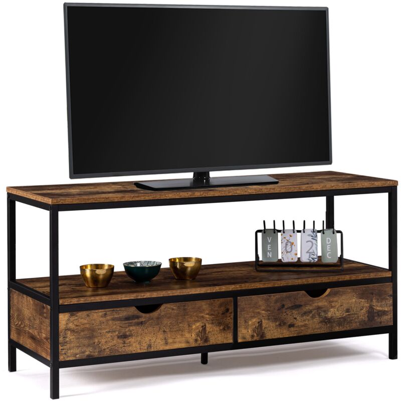 Meuble tv 113 cm dayton 2 tiroirs bois effet vieilli design industriel