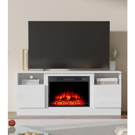 MC HAUS Meuble TV de 147 cm de large avec insert de cheminée de 23 », meuble à portes en saillie, centre de divertissement multimédia avec 2 étagères ouvertes, table longue pour le salon, blanc